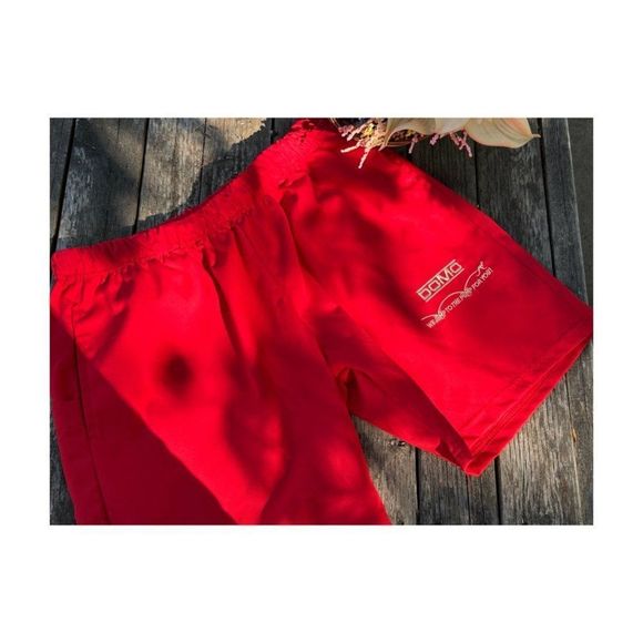 80s DOMO Red Canvas Shorts Drawstring Elastic Waist We Jump To The Pump Unisex - Picture 4 of 6